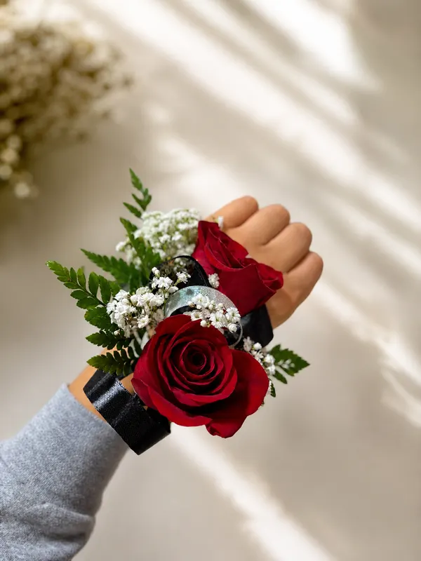 Red rose wrist corsage with baby's breath