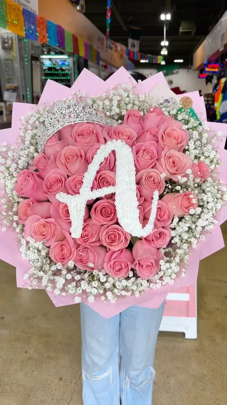 Pink rose bouquet with a pearl letter A